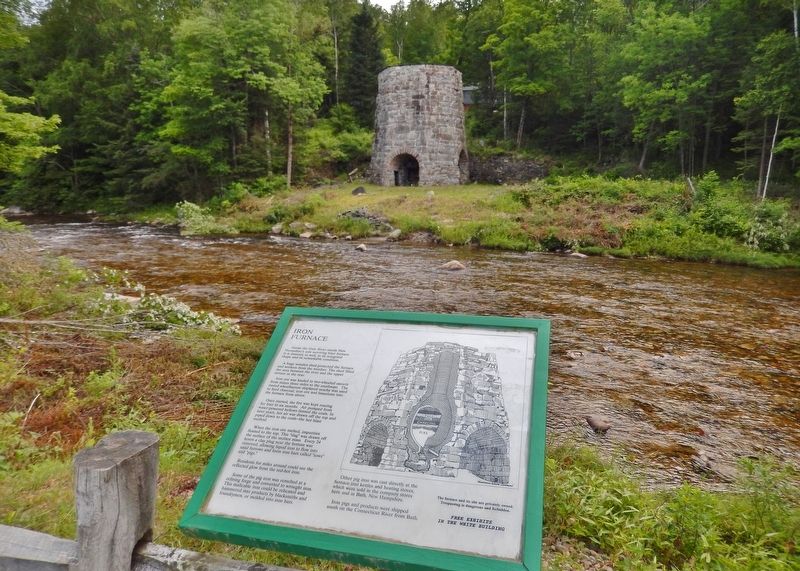 Iron Furnace Marker (<i>wide view; Gale River & Iron Furnace ruins in background</i>) image. Click for full size.