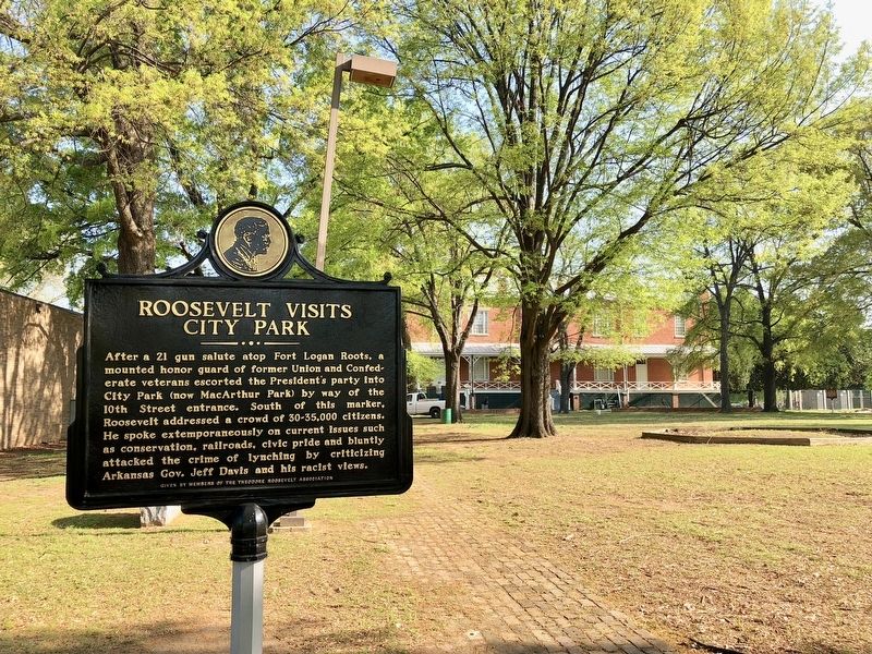Roosevelt Visits Little Rock Marker looking north toward the MacArthur History Museum.. Click for full size. Roosevelt Visits Little Rock Marker looking north toward the MacArthur History Museum. image. Click for full size.