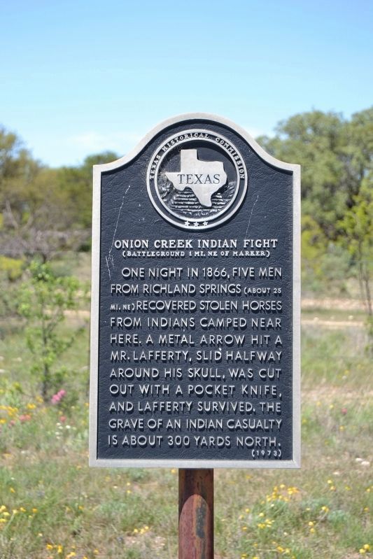 Onion Creek Indian Fight Marker. Click for full size. Onion Creek Indian Fight Marker image. Click for full size.