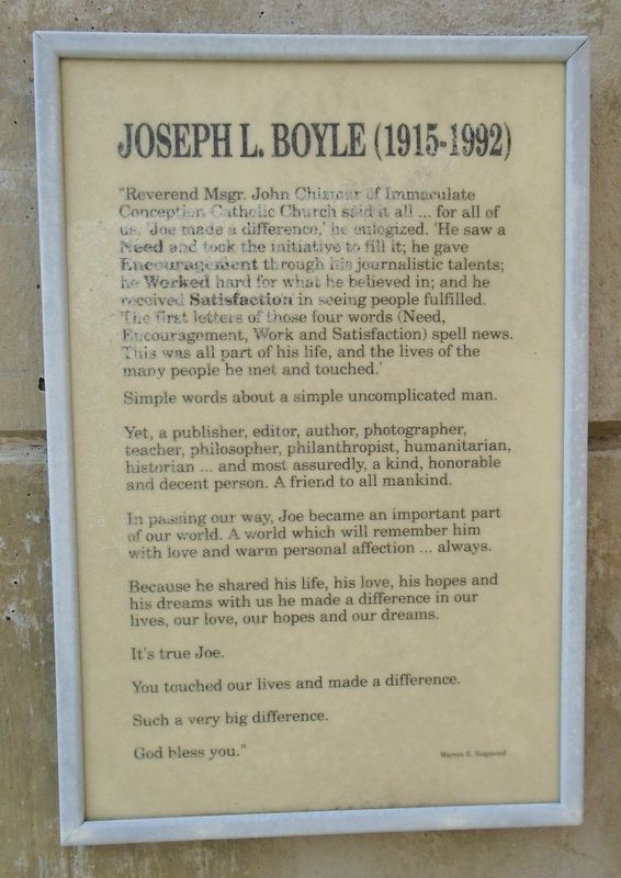 Joe Boyle Plaza - Joseph L. Boyle (1915-1992) Marker image. Click for full size.