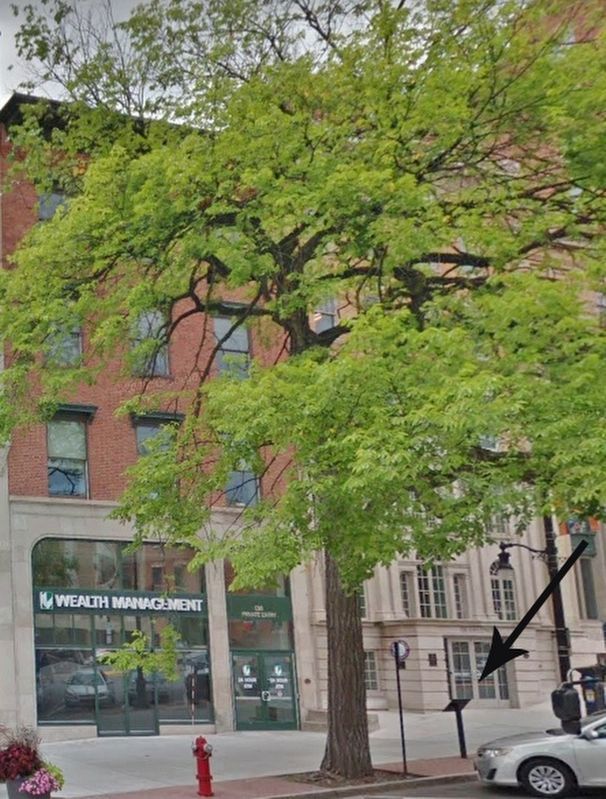 Historic State Street Marker (<i>tall view; marker visible near sidewalk at right</i>). Click for full size. Historic State Street Marker (<i>tall view; marker visible near sidewalk at right</i>) image. Click for full size.