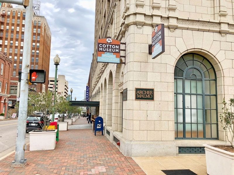 Marker is to right of first light pole with the Cotton Exchange Building to its right.. Click for full size. Marker is to right of first light pole with the Cotton Exchange Building to its right. image. Click for full size.
