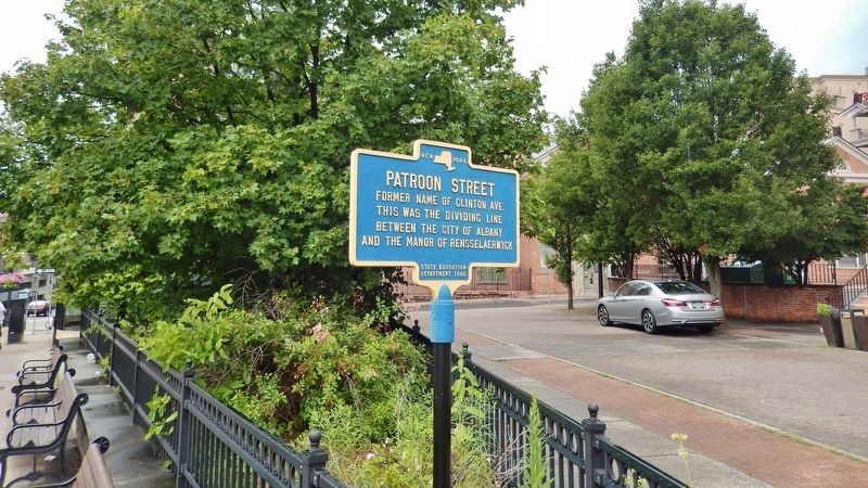 Patroon Street Marker (<i>wide view; looking south across Clinton Square plaza</i>) image. Click for full size.