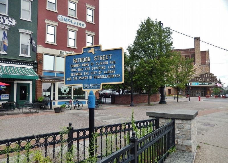 Patroon Street Marker (<i>wide view; looking north across Clinton Avenue</i>). Click for full size. Patroon Street Marker (<i>wide view; looking north across Clinton Avenue</i>) image. Click for full size.