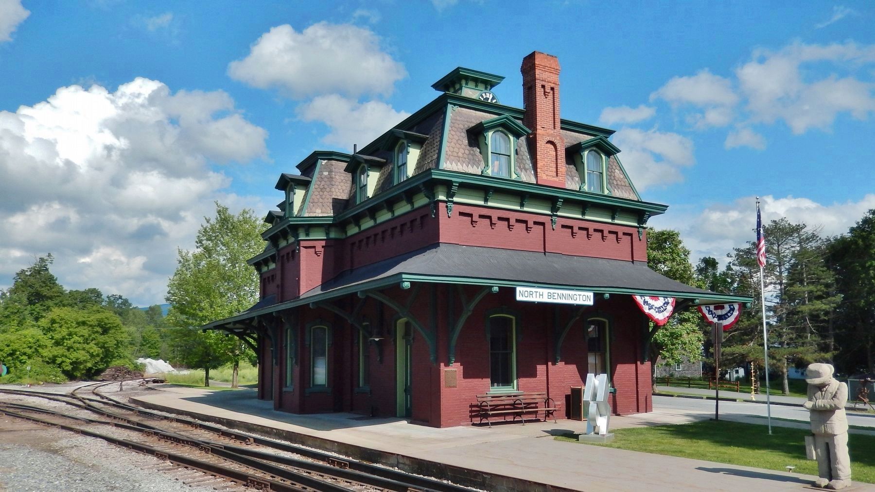 North Bennington Railroad Station (<i>view from railroad tracks; modern sculpture front & right</i>) image. Click for full size.