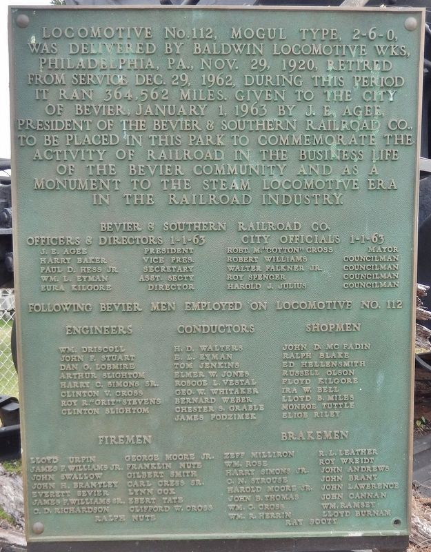 Locomotive No. 112 Marker. Click for full size. Locomotive No. 112 Marker image. Click for full size.