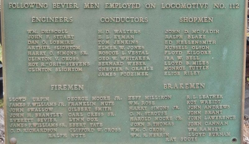 Marker detail: Bevier & Southern Locomotive 112 Employees. Click for full size. Marker detail: Bevier & Southern Locomotive 112 Employees image. Click for full size.