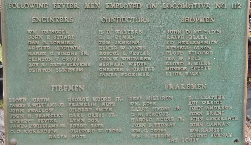 Marker detail: Bevier & Southern Locomotive 112 Employees image. Click for full size.