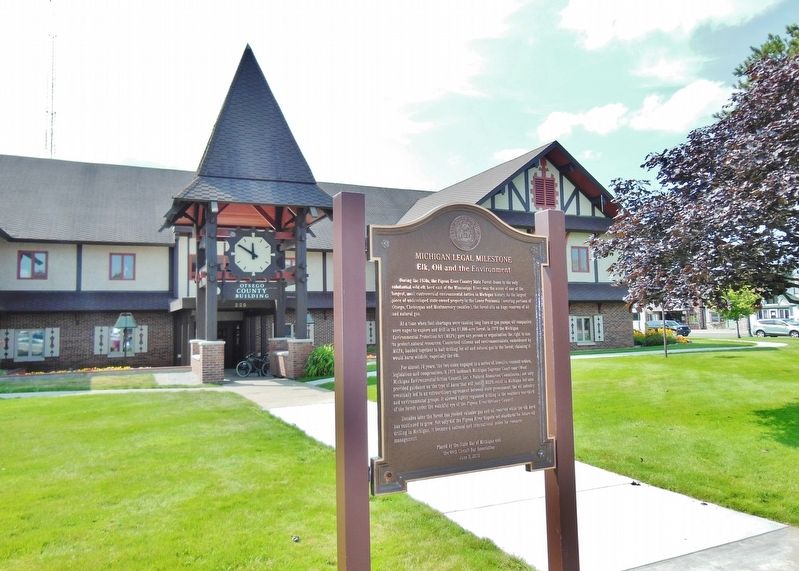 Elk, Oil and the Environment Marker (<i>wide view; Otsego County Courthouse in backdround</i>). Click for full size. Elk, Oil and the Environment Marker (<i>wide view; Otsego County Courthouse in backdround</i>) image. Click for full size.