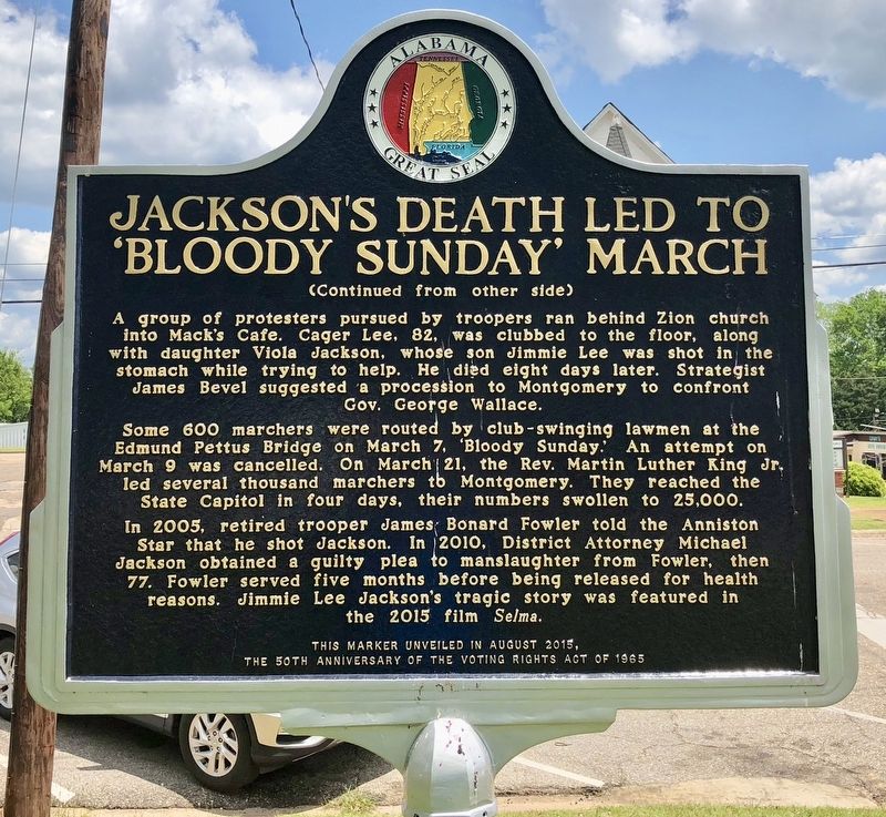 Jackson's Death Led to 'Bloody Sunday' March Marker (rear) image. Click for full size.