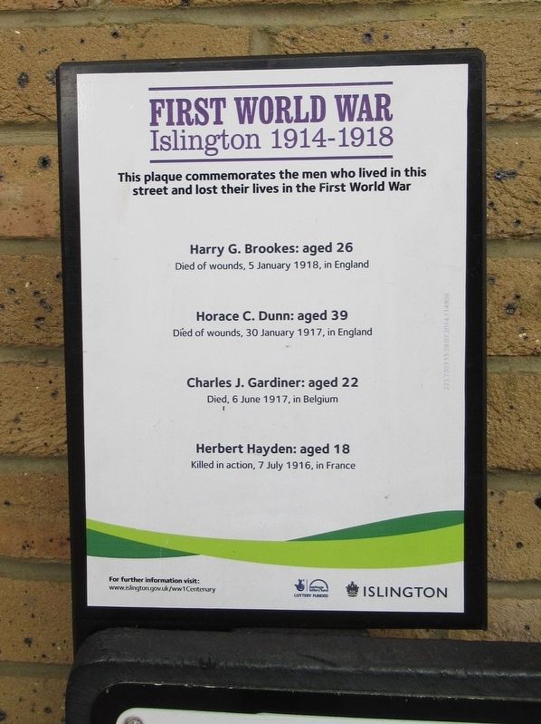 First World War Islington 1914-1918 Marker. Click for full size. First World War Islington 1914-1918 Marker image. Click for full size.