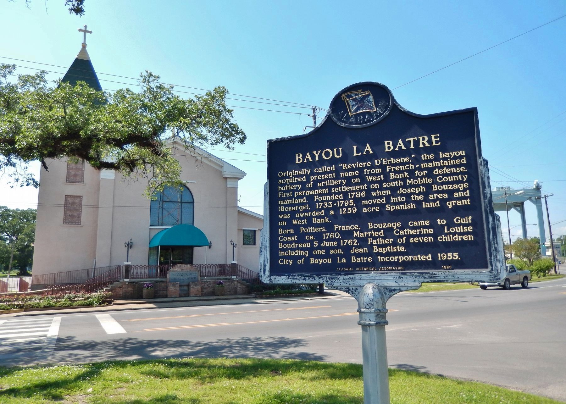 Bayou La Batre Marker (<i>wide view; St Margaret Catholic Church across highway, in background</i>) image. Click for full size.