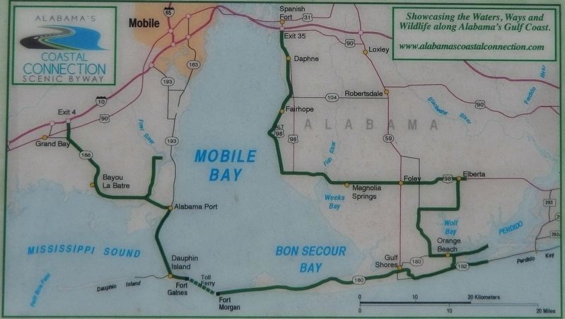 Marker detail: Showcasing the Waters, Ways and Wildlife along Alabama�s Gulf Coast image. Click for full size.