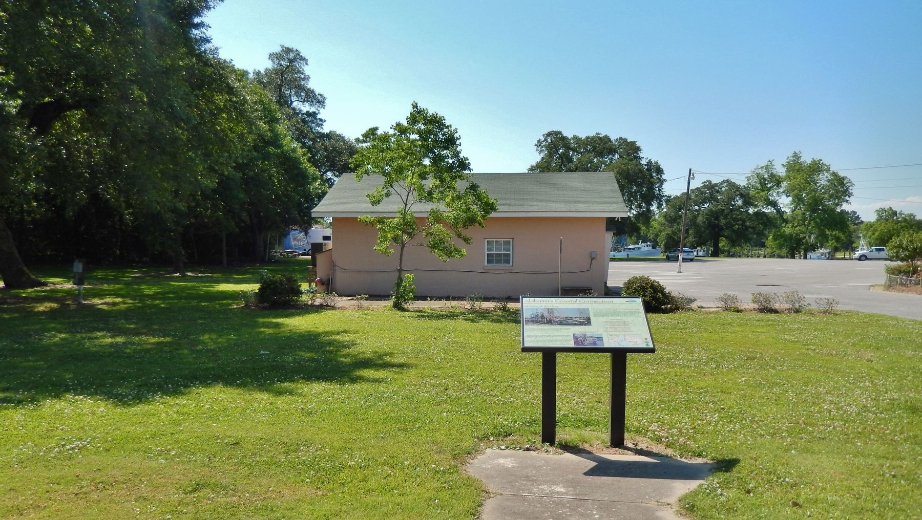 Alabama's Coastal Connection Marker (<i>wide view; St. Margaret Parish Office in background</i>) image. Click for full size.