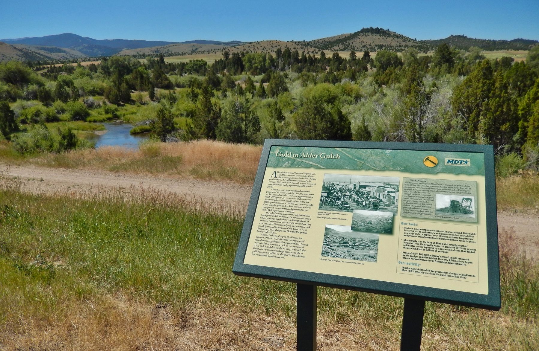 Gold in Alder Gulch Marker (<i>wide view; overlooking Alder Gulch</i>) image. Click for full size.