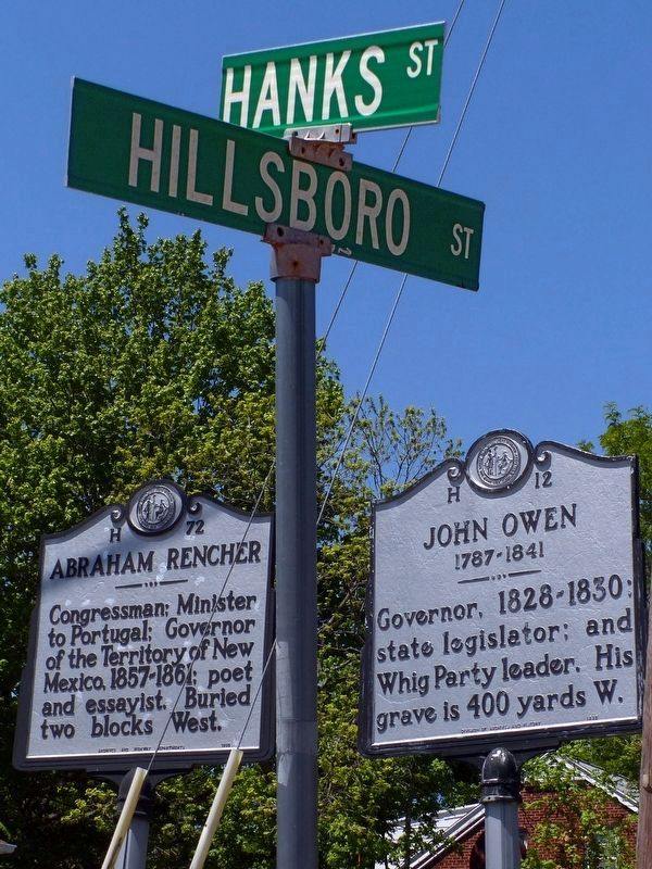 John Owen & Abraham Rencher markers<br>at Hanks and Hillsboro Streets. Click for full size. John Owen & Abraham Rencher markers<br>at Hanks and Hillsboro Streets image. Click for full size.