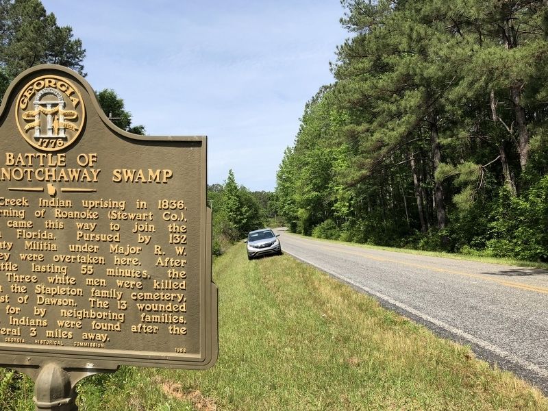 Battle of Echowanotchaway Swamp Marker looking west.. Click for full size. Battle of Echowanotchaway Swamp Marker looking west. image. Click for full size.