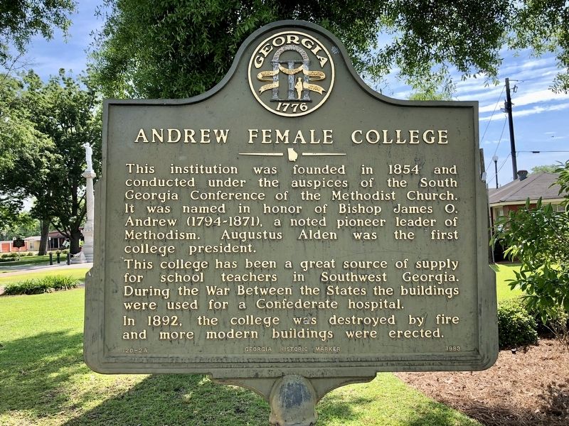 Andrew Female College marker, located about 1500 feet east in the town square. image. Click for full size.