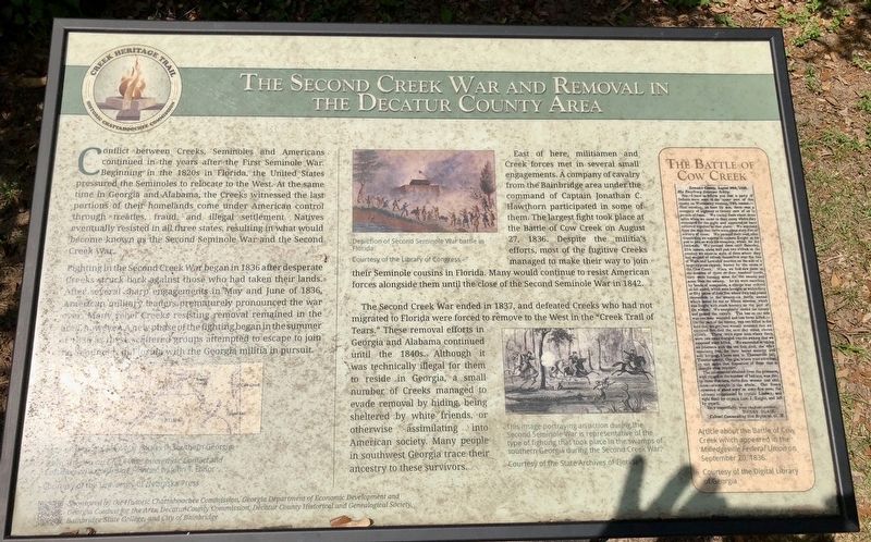 The Second Creek War and Removal in the Decatur County Area Marker. Click for full size. The Second Creek War and Removal in the Decatur County Area Marker image. Click for full size.