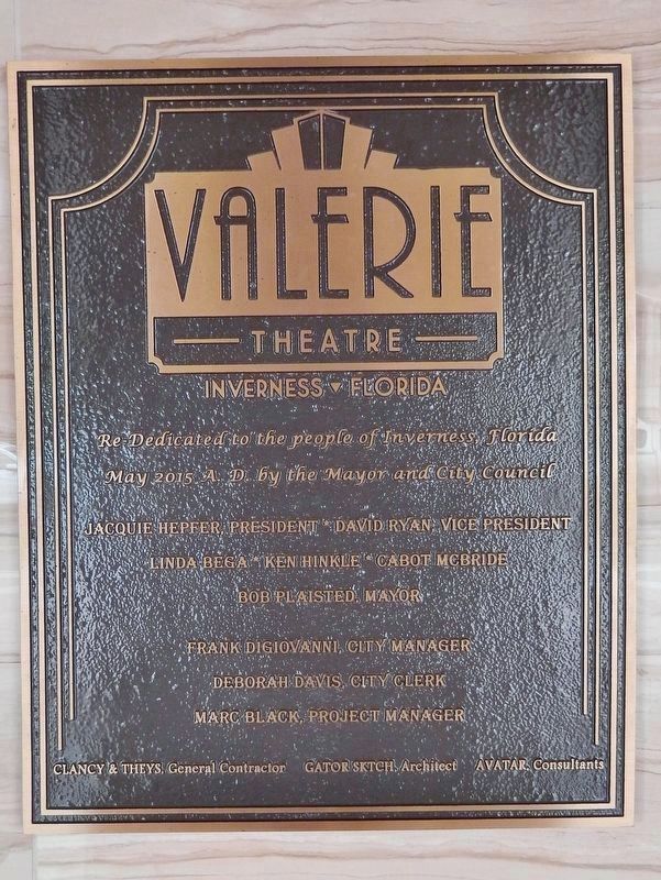 Valerie Theater Plaque (<i>mounted on wall, beside door, behind ticket booth</i>) image. Click for full size.