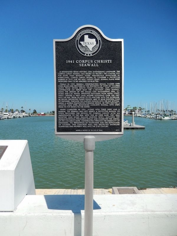 1941 Corpus Christi Seawall Marker (<i>tall view</i>). Click for full size. 1941 Corpus Christi Seawall Marker (<i>tall view</i>) image. Click for full size.