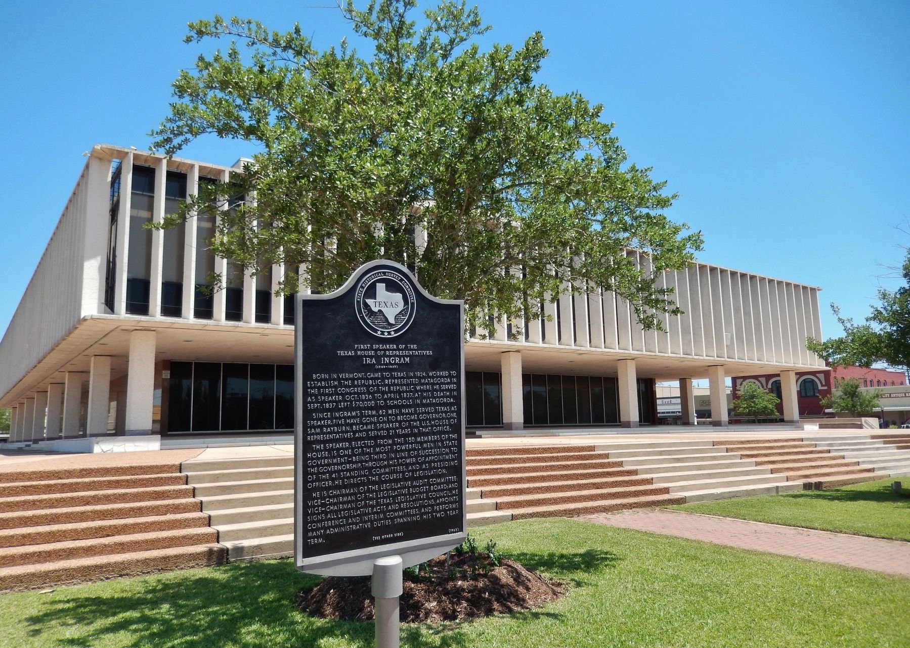 Ira Ingram Marker (<i>wide view; Matagorda County Courthouse in background</i>) image. Click for full size.