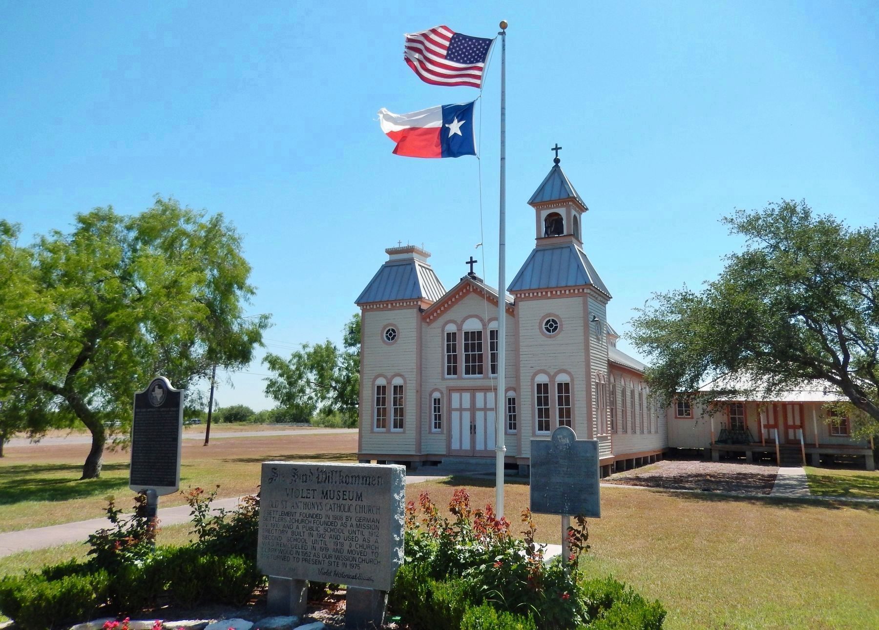 Violet, Texas Sesquicentennial Marker (<i>wide view; marker on right - related markers on left</i>) image. Click for full size.