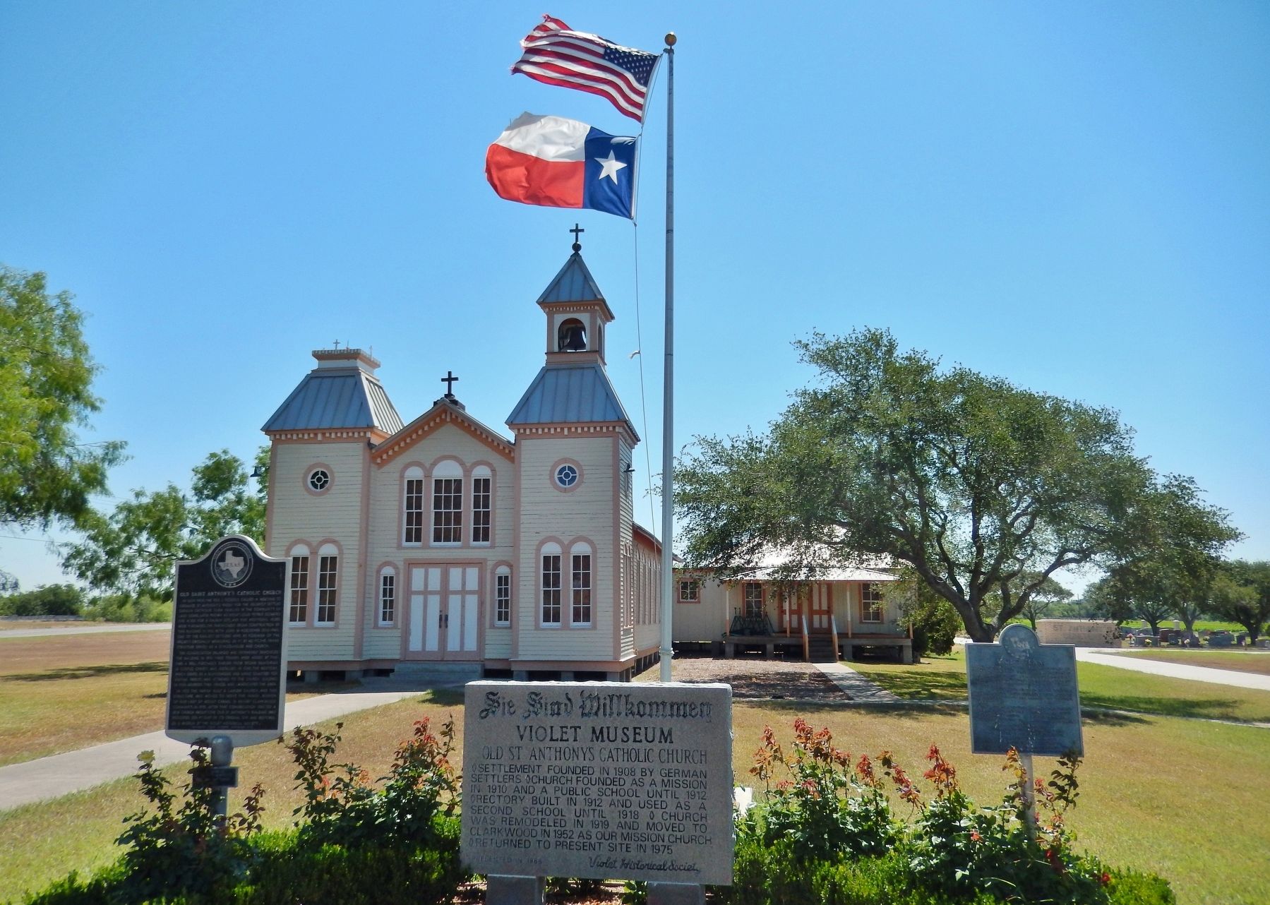 Old Saint Anthony's Catholic Church Marker (<i>wide view; marker left - related markers right</i>). Click for full size. Old Saint Anthony's Catholic Church Marker (<i>wide view; marker left - related markers right</i>) image. Click for full size.