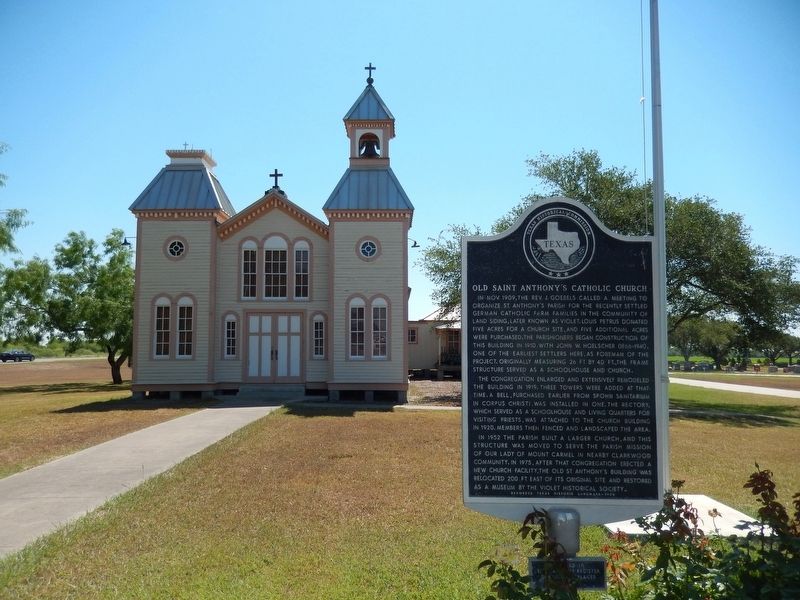 Old Saint Anthony's Catholic Church Marker (<i>wide view; church in background</i>) image. Click for full size.
