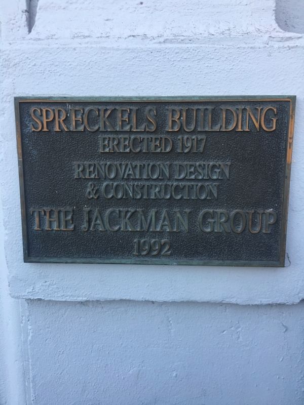 <center>Second Spreckels Building Marker. Placed upon renovation in 1992.<center> image. Click for full size.