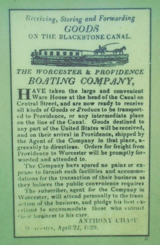 Historical Advertisement on Welcome to Blackstone River and Canal Heritage State Park Marker image. Click for full size.