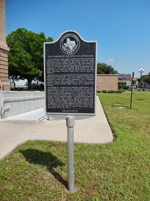1912 Cameron County Courthouse Marker (<i>tall view</i>). Click for full size. 1912 Cameron County Courthouse Marker (<i>tall view</i>) image. Click for full size.