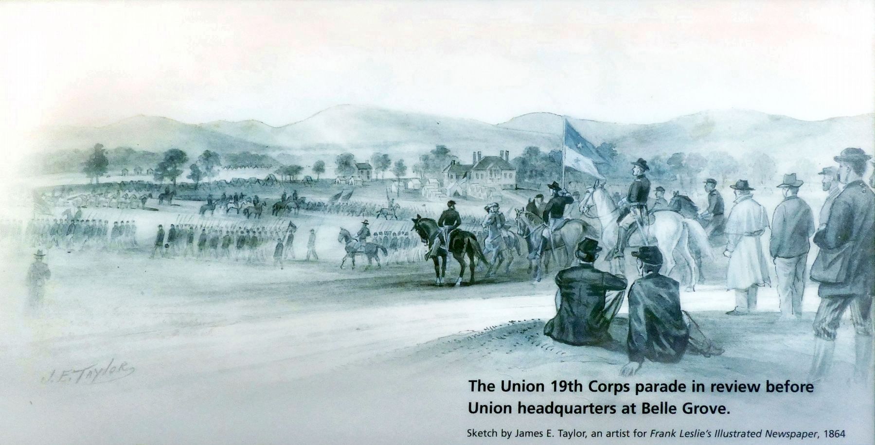 The Union 19th Corps parade in review before Union headquarters at Belle Grove. image. Click for full size.