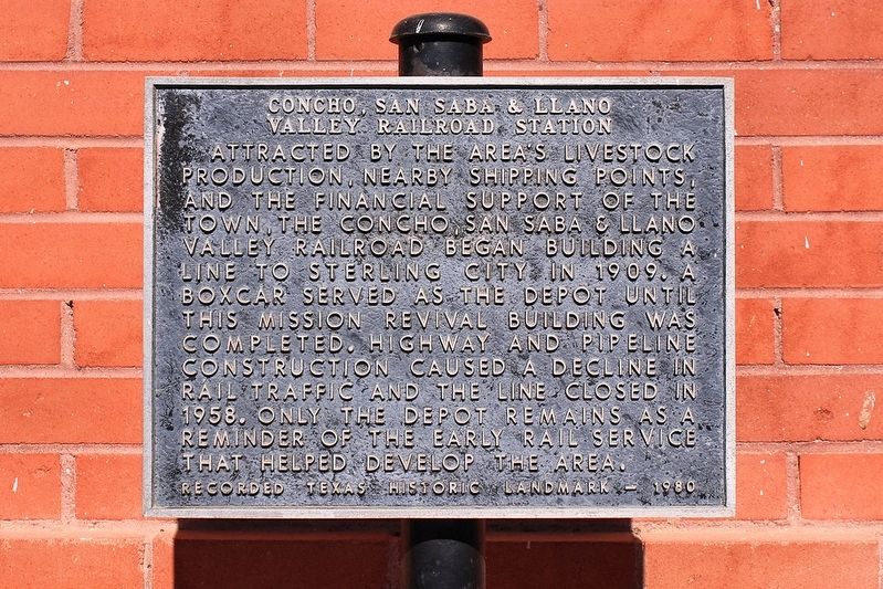 Concho, San Saba & Llano Valley Railroad Station Marker image. Click for full size.