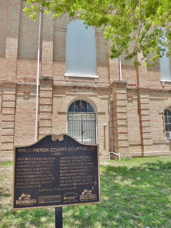 1882 Cameron County Courthouse Marker (<i>tall view; southwest side of courthouse in background</i>) image. Click for full size.