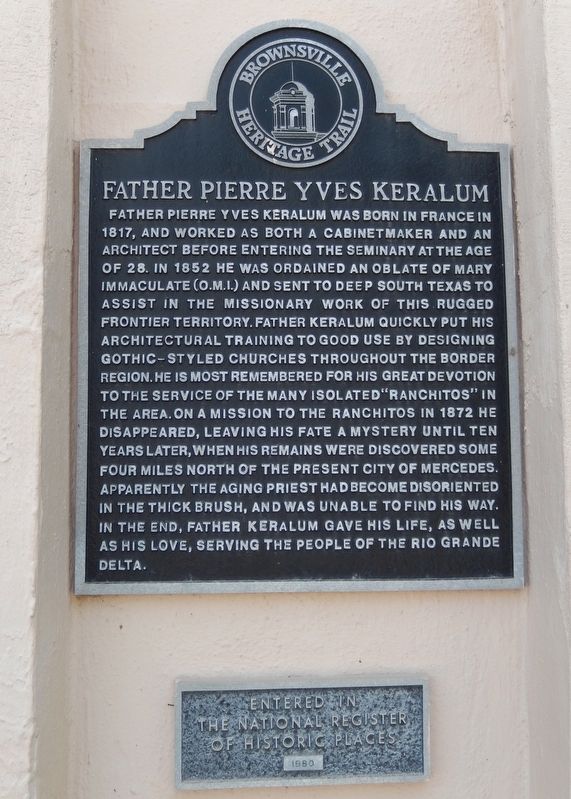 Father Pierre Yves Keralum Marker (<i>tall view; w/National Register of Historic Places plaque</i>) image. Click for full size.
