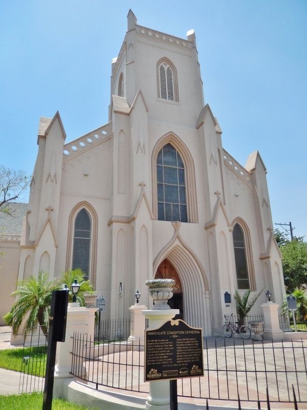 Immaculate Conception Cathedral Marker (<i>tall view; cathedral entrance in background</i>). Click for full size. Immaculate Conception Cathedral Marker (<i>tall view; cathedral entrance in background</i>) image. Click for full size.