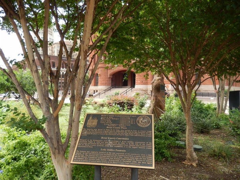Bexar County Commissioners Court Marker (<i>wide view; courthouse entrance in background</i>) image. Click for full size.