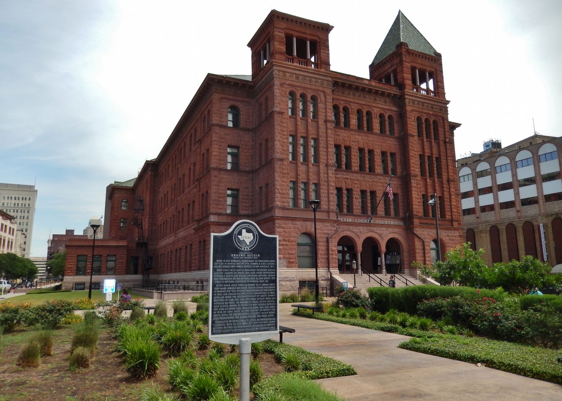 Near Homesite of Erasmo Seguin Marker (<i>wide view; Bexar County Courthouse in background</i>). Click for full size. Near Homesite of Erasmo Seguin Marker (<i>wide view; Bexar County Courthouse in background</i>) image. Click for full size.
