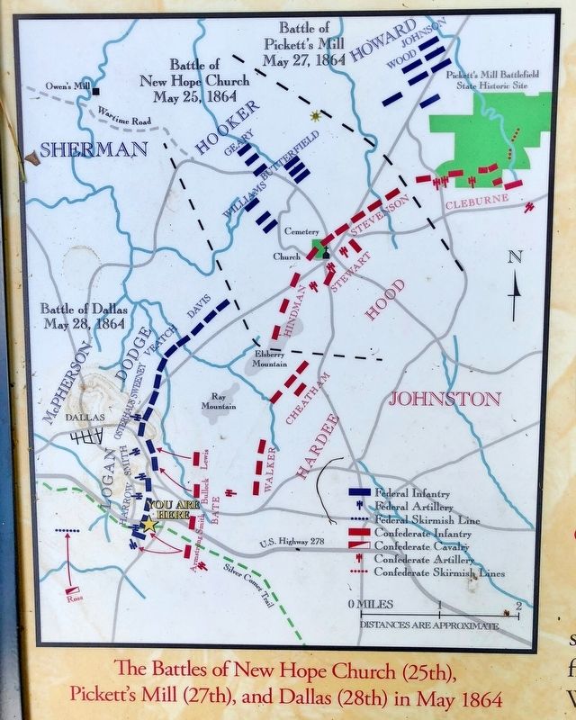 Map (from marker) showing the Battles of New Hope Church, Picketts Mill & Dallas. image. Click for full size.