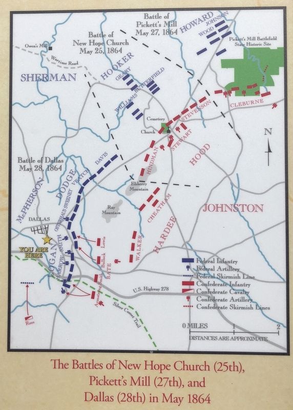 Map (from marker) showing the Battles of New Hope Church, Picketts Mill & Dallas. image. Click for full size.