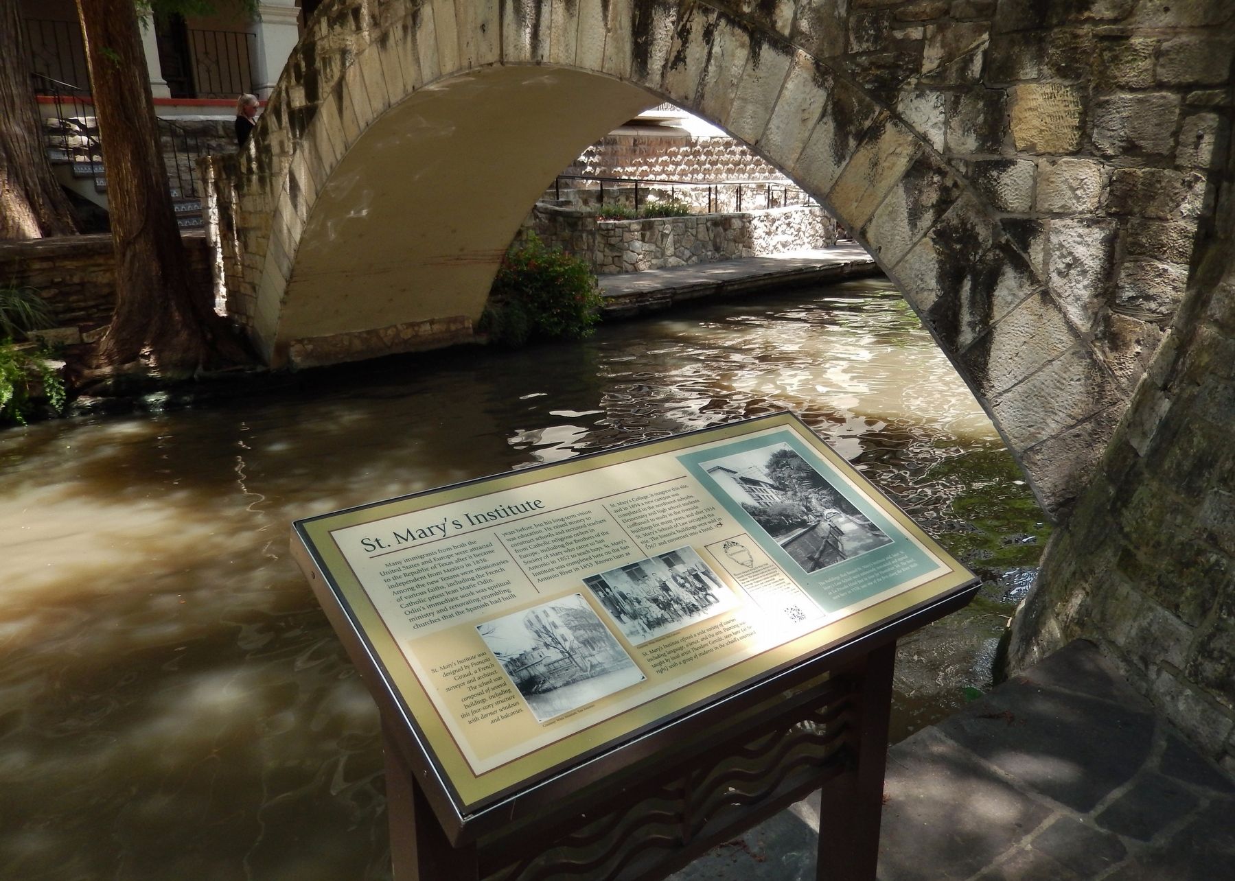 St. Mary's Institute Marker (<i>wide view; Selena Brige over San Antonio River in background</i>) image. Click for full size.
