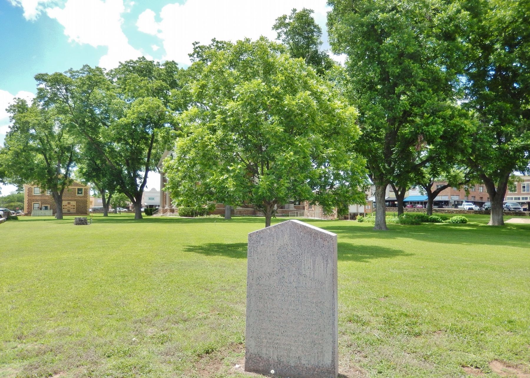 Fort Mason & Camp Llano C.S.A. Marker (<i>wide view; Mason County Courthouse in background</i>) image. Click for full size.