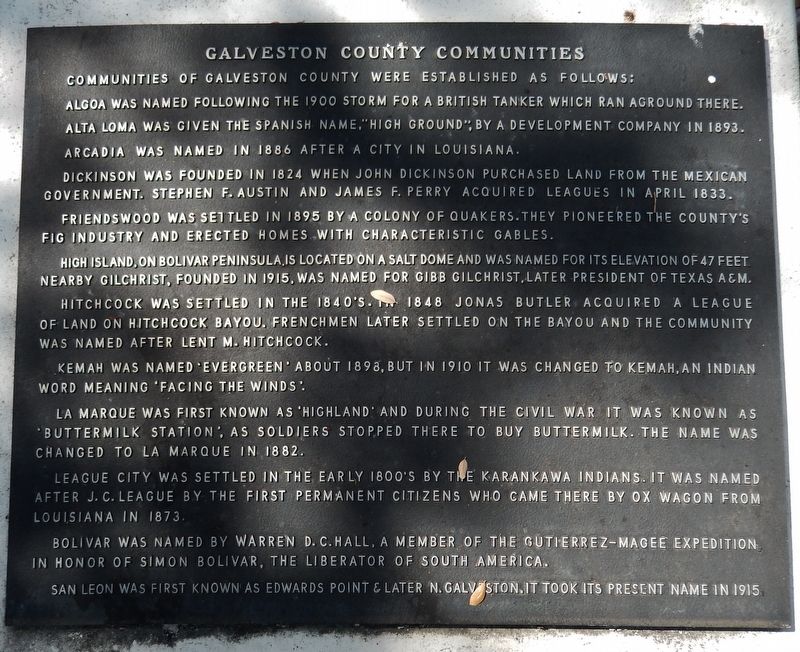 Galveston County Communities Marker. Click for full size. Galveston County Communities Marker image. Click for full size.