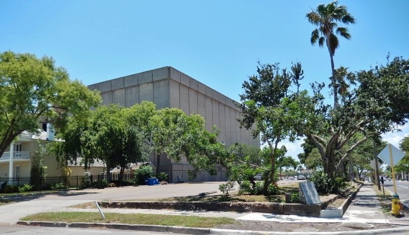Corpus Christi Cathedral Site (<i>marker visible at corner; site currently church parking lot</i>). Click for full size. Corpus Christi Cathedral Site (<i>marker visible at corner; site currently church parking lot</i>) image. Click for full size.