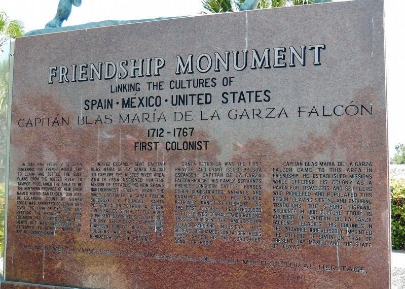 Capitán Blas María de la Garza Falcón Marker (<i>front side</i>). Click for full size. Capitán Blas María de la Garza Falcón Marker (<i>front side</i>) image. Click for full size.
