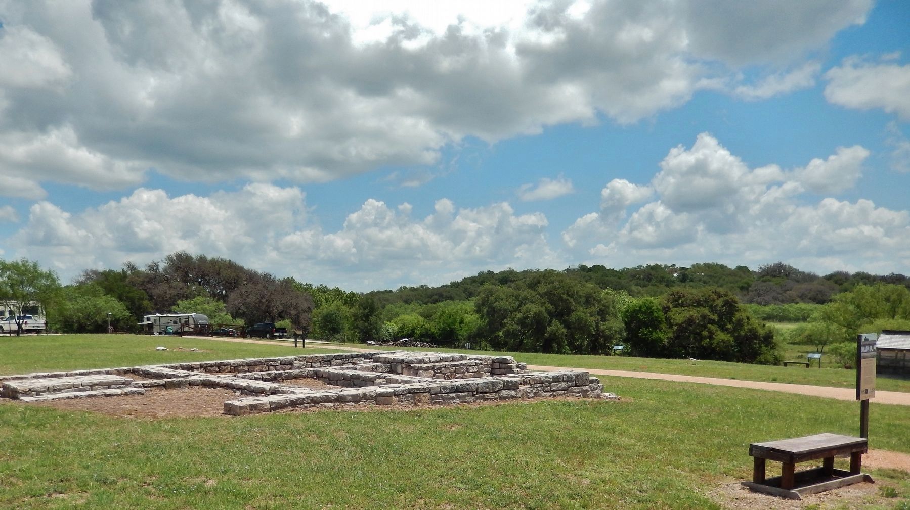 Uncovered Foundations (<i>wide view; marker visible beside bench, near right edge of photo</i>) image. Click for full size.