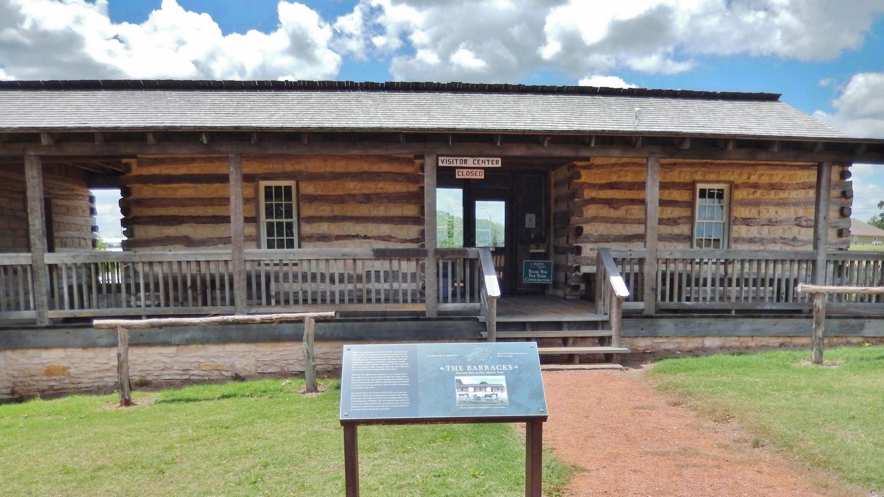 The Barracks Marker (<i>wide view; former enlisted men's barracks in background</i>). Click for full size. The Barracks Marker (<i>wide view; former enlisted men's barracks in background</i>) image. Click for full size.