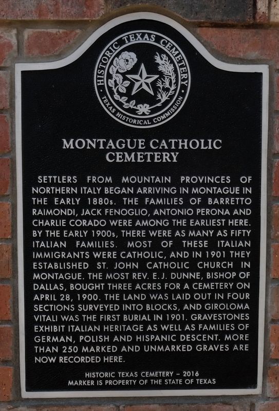 Montague Catholic Cemetery Texas Historical Marker image. Click for full size.