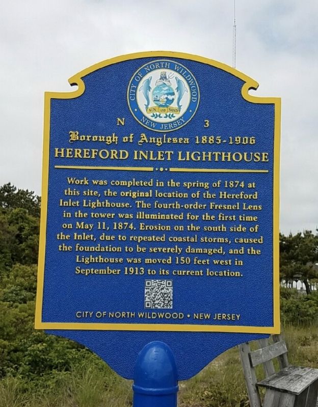 1874 Original Location of Hereford Inlet Lightouse on Seawall Marker image. Click for full size.